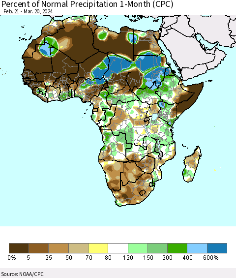 Africa Percent of Normal Precipitation 1-Month (CPC) Thematic Map For 2/21/2024 - 3/20/2024