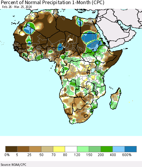 Africa Percent of Normal Precipitation 1-Month (CPC) Thematic Map For 2/26/2024 - 3/25/2024