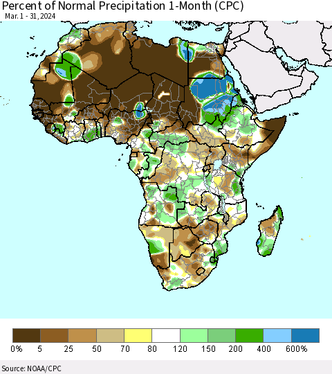 Africa Percent of Normal Precipitation 1-Month (CPC) Thematic Map For 3/1/2024 - 3/31/2024