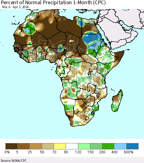 Africa Percent of Normal Precipitation 1-Month (CPC) Thematic Map For 3/6/2024 - 4/5/2024