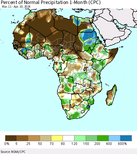 Africa Percent of Normal Precipitation 1-Month (CPC) Thematic Map For 3/11/2024 - 4/10/2024