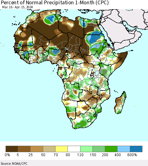 Africa Percent of Normal Precipitation 1-Month (CPC) Thematic Map For 3/16/2024 - 4/15/2024