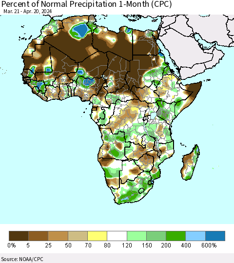 Africa Percent of Normal Precipitation 1-Month (CPC) Thematic Map For 3/21/2024 - 4/20/2024