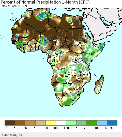 Africa Percent of Normal Precipitation 1-Month (CPC) Thematic Map For 3/26/2024 - 4/25/2024