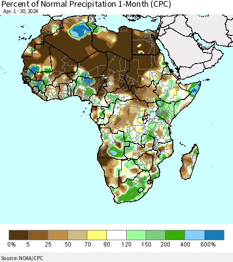 Africa Percent of Normal Precipitation 1-Month (CPC) Thematic Map For 4/1/2024 - 4/30/2024