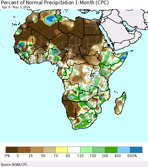 Africa Percent of Normal Precipitation 1-Month (CPC) Thematic Map For 4/6/2024 - 5/5/2024