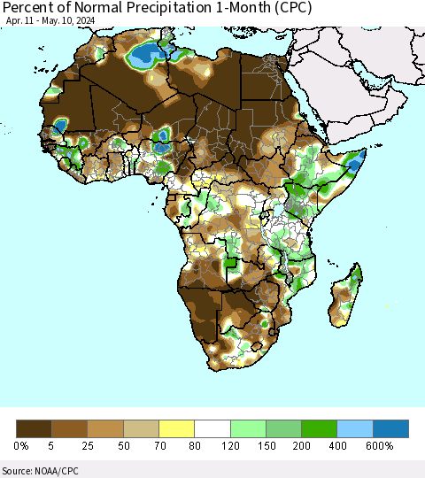 Africa Percent of Normal Precipitation 1-Month (CPC) Thematic Map For 4/11/2024 - 5/10/2024