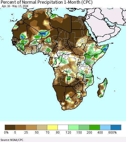 Africa Percent of Normal Precipitation 1-Month (CPC) Thematic Map For 4/16/2024 - 5/15/2024