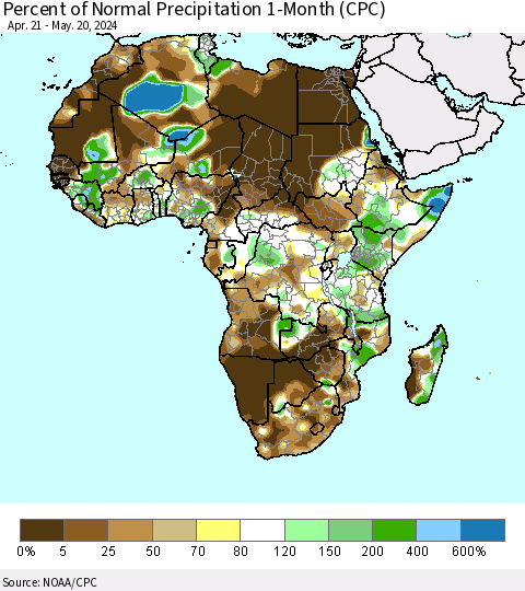 Africa Percent of Normal Precipitation 1-Month (CPC) Thematic Map For 4/21/2024 - 5/20/2024