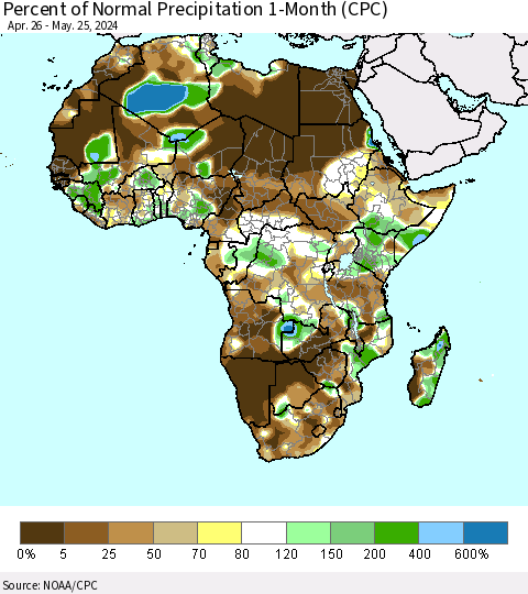 Africa Percent of Normal Precipitation 1-Month (CPC) Thematic Map For 4/26/2024 - 5/25/2024