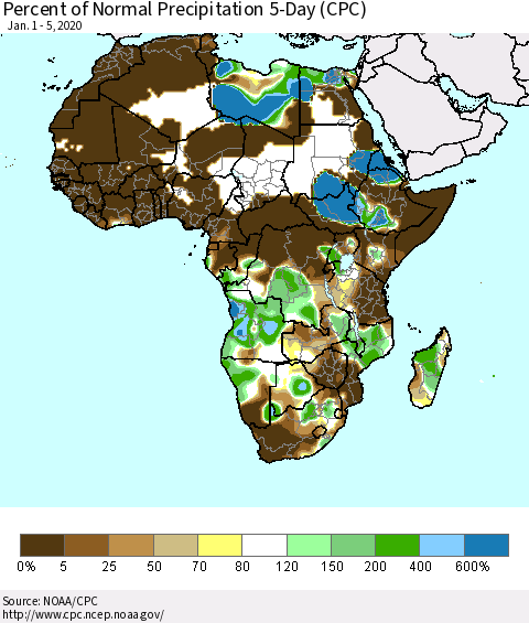 Africa Percent of Normal Precipitation 5-Day (CPC) Thematic Map For 1/1/2020 - 1/5/2020