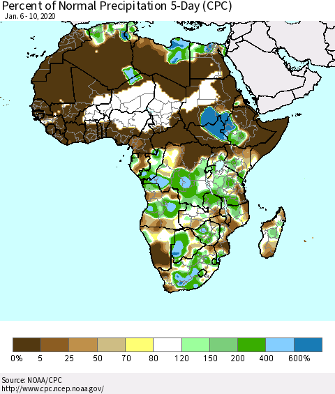 Africa Percent of Normal Precipitation 5-Day (CPC) Thematic Map For 1/6/2020 - 1/10/2020
