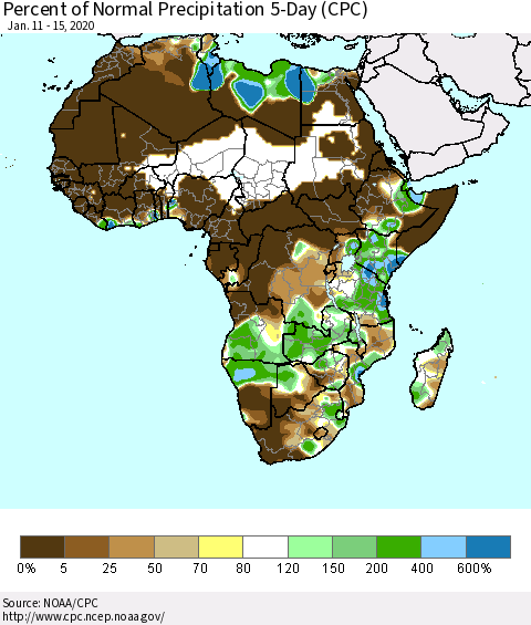 Africa Percent of Normal Precipitation 5-Day (CPC) Thematic Map For 1/11/2020 - 1/15/2020
