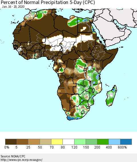 Africa Percent of Normal Precipitation 5-Day (CPC) Thematic Map For 1/16/2020 - 1/20/2020