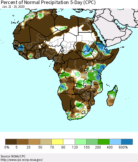 Africa Percent of Normal Precipitation 5-Day (CPC) Thematic Map For 1/21/2020 - 1/25/2020