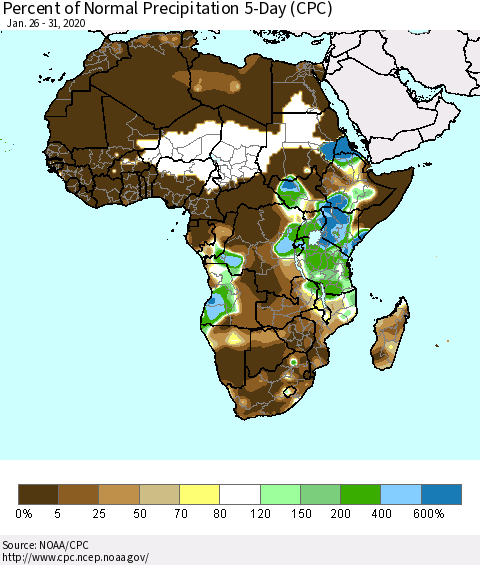 Africa Percent of Normal Precipitation 5-Day (CPC) Thematic Map For 1/26/2020 - 1/31/2020