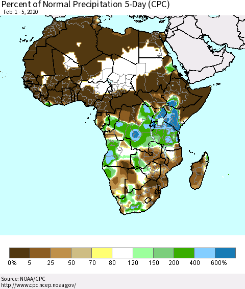 Africa Percent of Normal Precipitation 5-Day (CPC) Thematic Map For 2/1/2020 - 2/5/2020