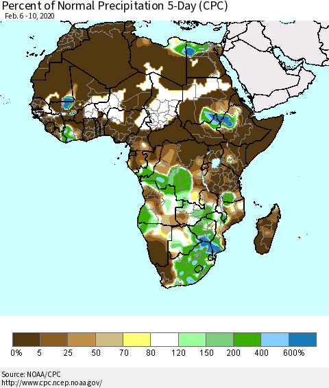 Africa Percent of Normal Precipitation 5-Day (CPC) Thematic Map For 2/6/2020 - 2/10/2020