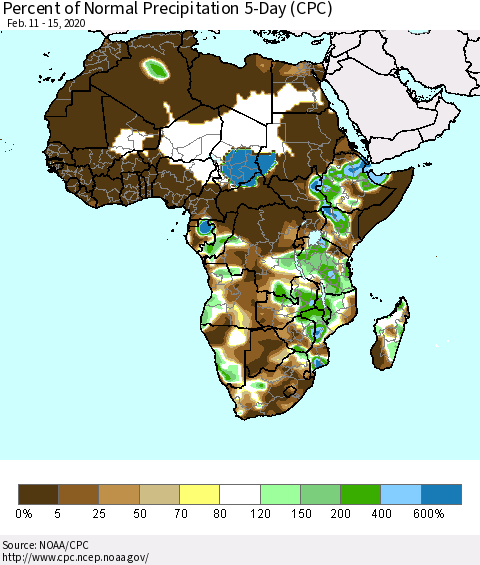 Africa Percent of Normal Precipitation 5-Day (CPC) Thematic Map For 2/11/2020 - 2/15/2020