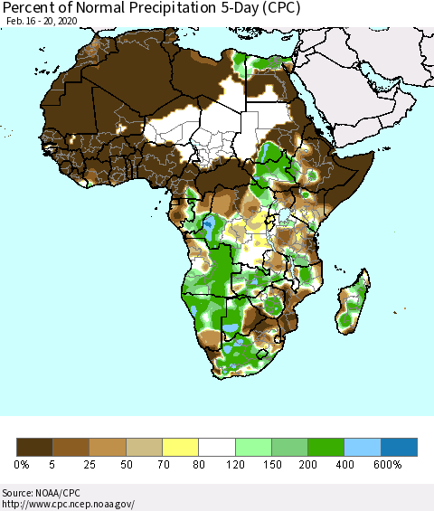 Africa Percent of Normal Precipitation 5-Day (CPC) Thematic Map For 2/16/2020 - 2/20/2020