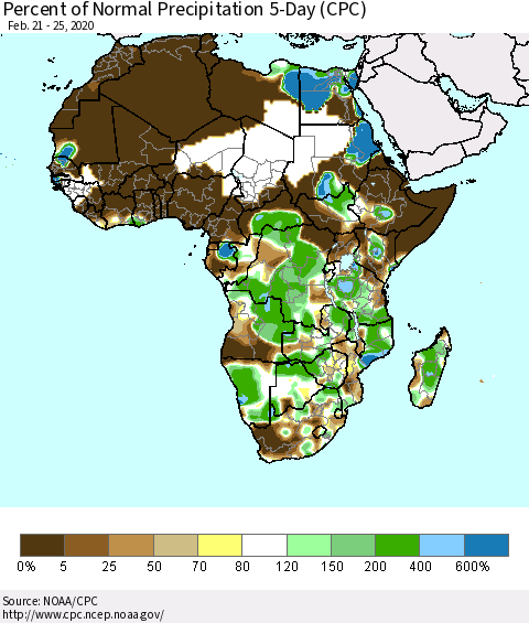 Africa Percent of Normal Precipitation 5-Day (CPC) Thematic Map For 2/21/2020 - 2/25/2020
