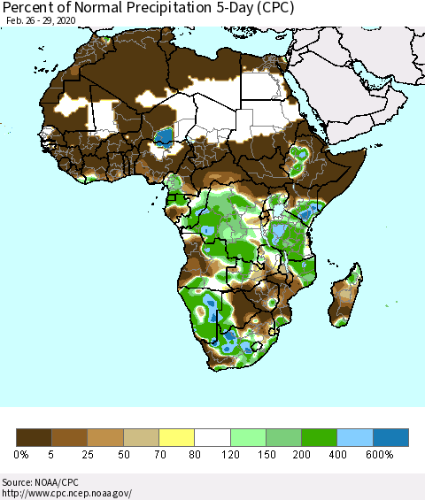 Africa Percent of Normal Precipitation 5-Day (CPC) Thematic Map For 2/26/2020 - 2/29/2020