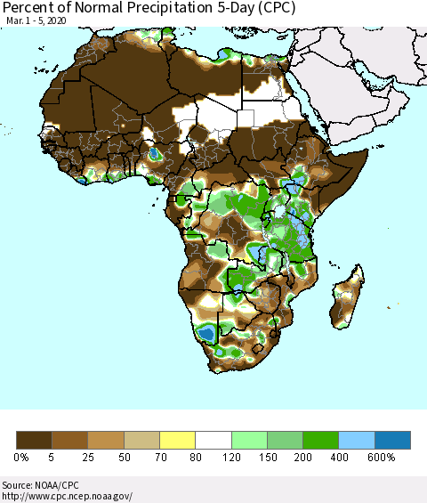 Africa Percent of Normal Precipitation 5-Day (CPC) Thematic Map For 3/1/2020 - 3/5/2020