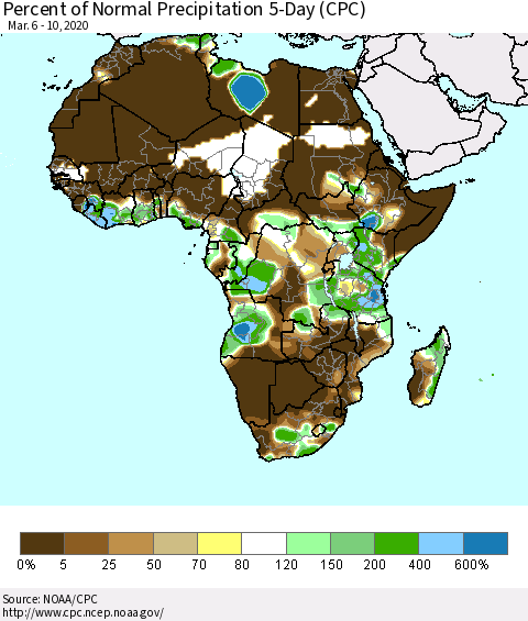 Africa Percent of Normal Precipitation 5-Day (CPC) Thematic Map For 3/6/2020 - 3/10/2020