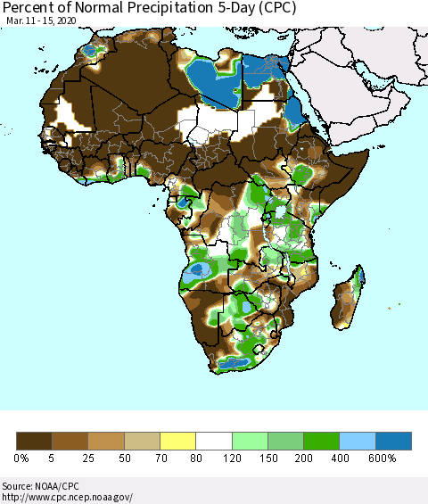 Africa Percent of Normal Precipitation 5-Day (CPC) Thematic Map For 3/11/2020 - 3/15/2020