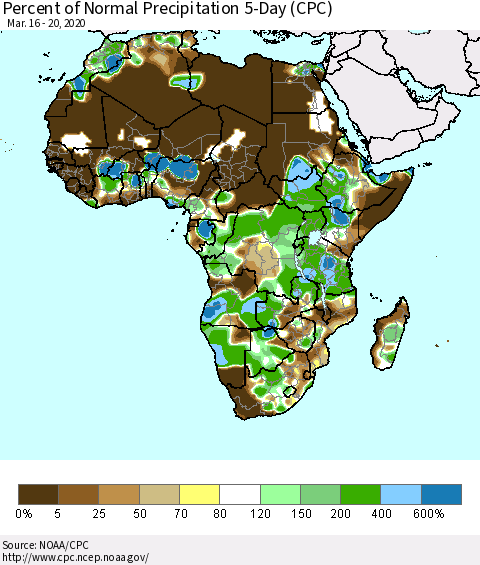 Africa Percent of Normal Precipitation 5-Day (CPC) Thematic Map For 3/16/2020 - 3/20/2020