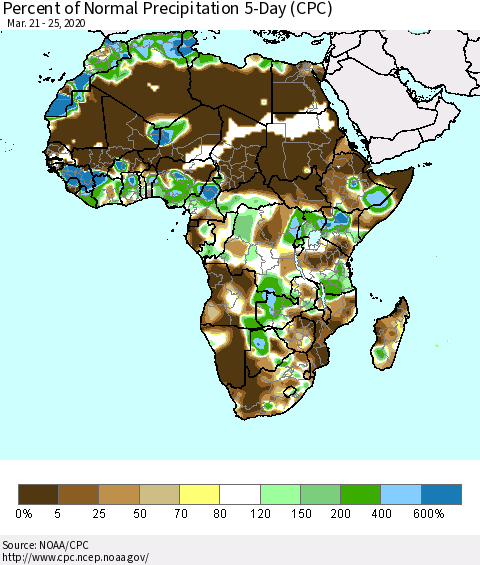 Africa Percent of Normal Precipitation 5-Day (CPC) Thematic Map For 3/21/2020 - 3/25/2020