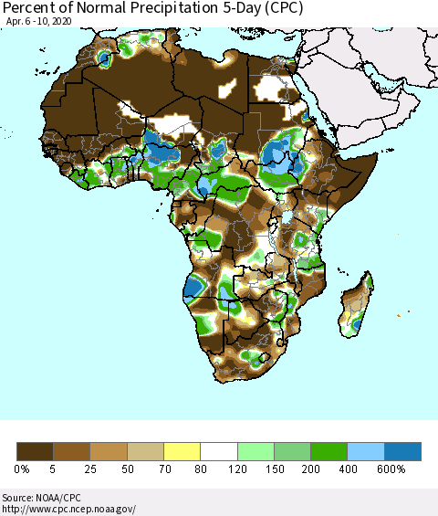 Africa Percent of Normal Precipitation 5-Day (CPC) Thematic Map For 4/6/2020 - 4/10/2020