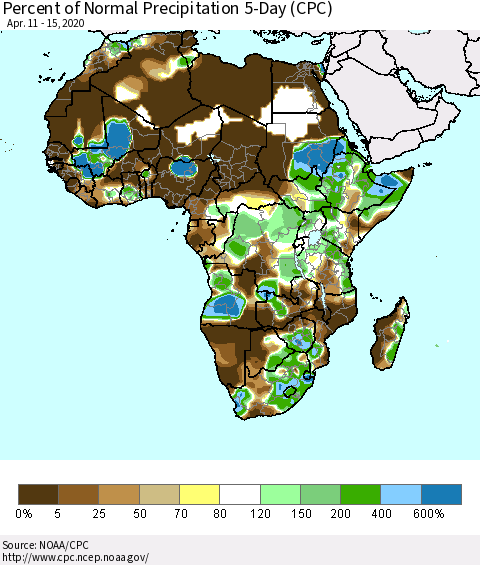 Africa Percent of Normal Precipitation 5-Day (CPC) Thematic Map For 4/11/2020 - 4/15/2020