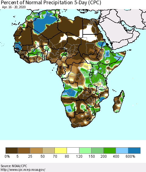 Africa Percent of Normal Precipitation 5-Day (CPC) Thematic Map For 4/16/2020 - 4/20/2020