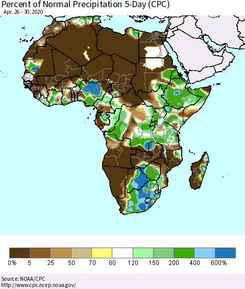 Africa Percent of Normal Precipitation 5-Day (CPC) Thematic Map For 4/26/2020 - 4/30/2020