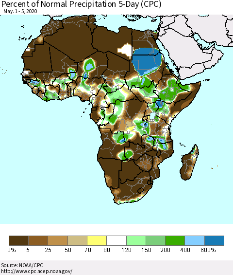 Africa Percent of Normal Precipitation 5-Day (CPC) Thematic Map For 5/1/2020 - 5/5/2020