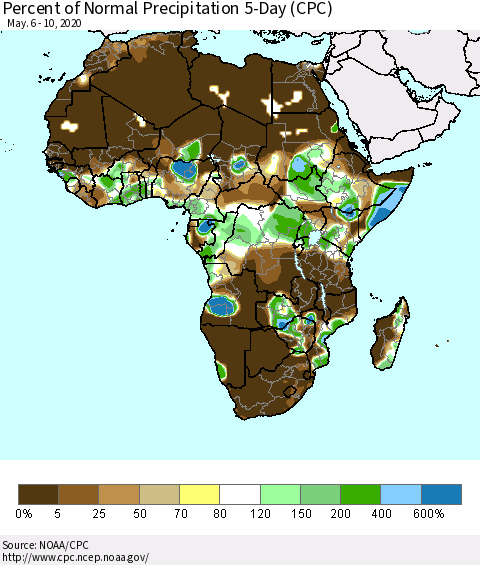 Africa Percent of Normal Precipitation 5-Day (CPC) Thematic Map For 5/6/2020 - 5/10/2020