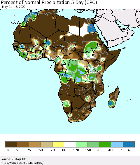 Africa Percent of Normal Precipitation 5-Day (CPC) Thematic Map For 5/11/2020 - 5/15/2020