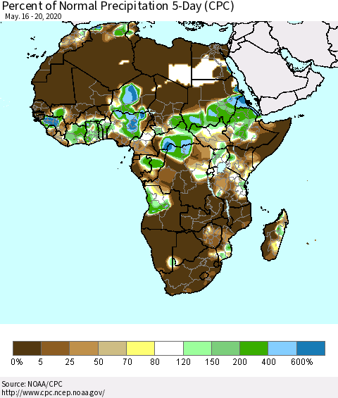 Africa Percent of Normal Precipitation 5-Day (CPC) Thematic Map For 5/16/2020 - 5/20/2020