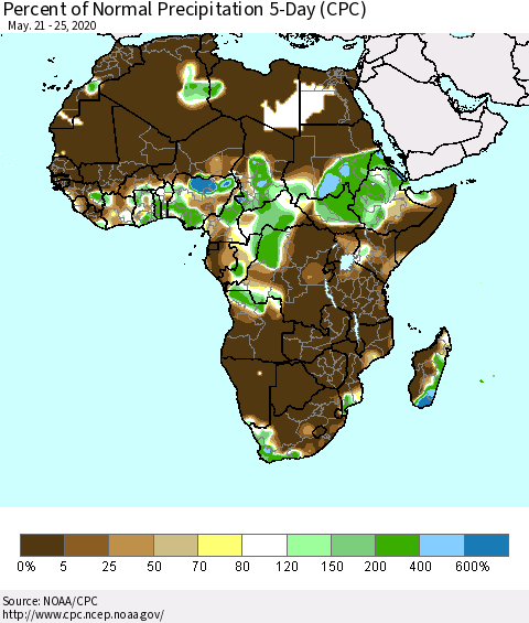 Africa Percent of Normal Precipitation 5-Day (CPC) Thematic Map For 5/21/2020 - 5/25/2020
