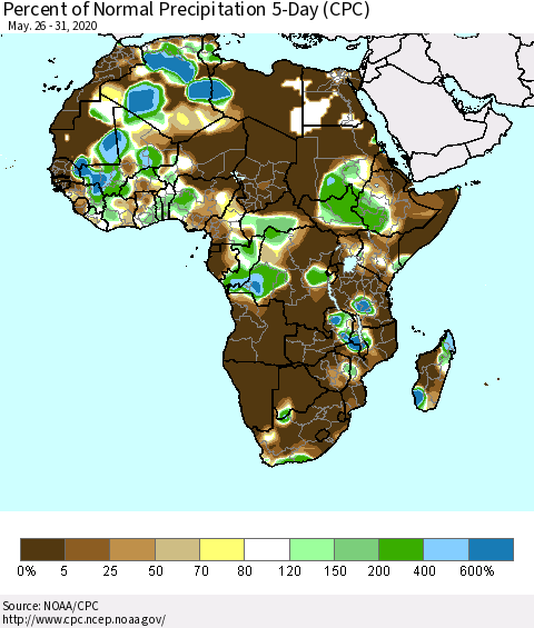 Africa Percent of Normal Precipitation 5-Day (CPC) Thematic Map For 5/26/2020 - 5/31/2020