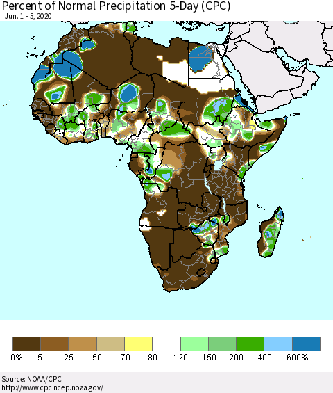 Africa Percent of Normal Precipitation 5-Day (CPC) Thematic Map For 6/1/2020 - 6/5/2020