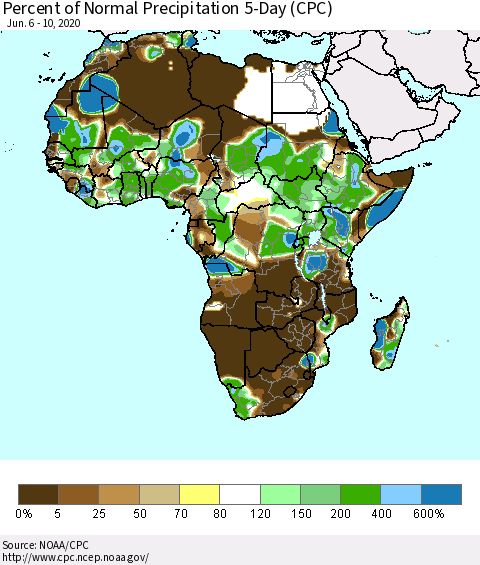 Africa Percent of Normal Precipitation 5-Day (CPC) Thematic Map For 6/6/2020 - 6/10/2020