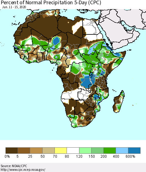 Africa Percent of Normal Precipitation 5-Day (CPC) Thematic Map For 6/11/2020 - 6/15/2020