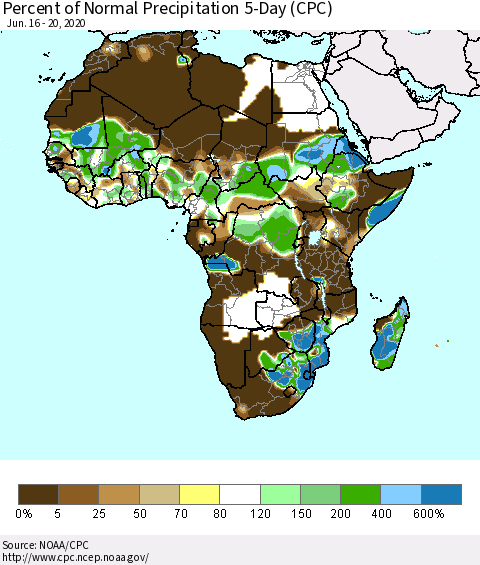 Africa Percent of Normal Precipitation 5-Day (CPC) Thematic Map For 6/16/2020 - 6/20/2020
