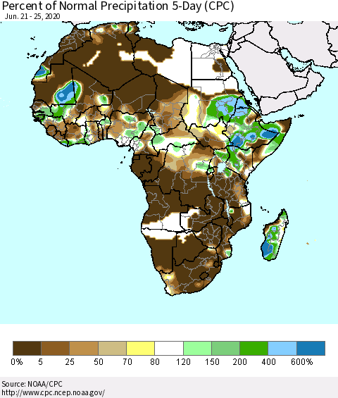 Africa Percent of Normal Precipitation 5-Day (CPC) Thematic Map For 6/21/2020 - 6/25/2020