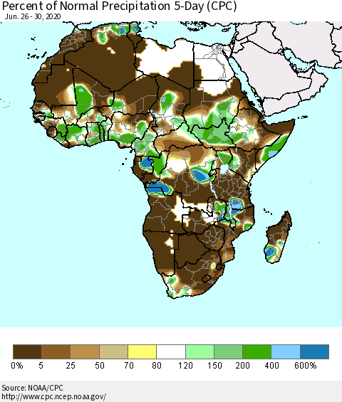 Africa Percent of Normal Precipitation 5-Day (CPC) Thematic Map For 6/26/2020 - 6/30/2020
