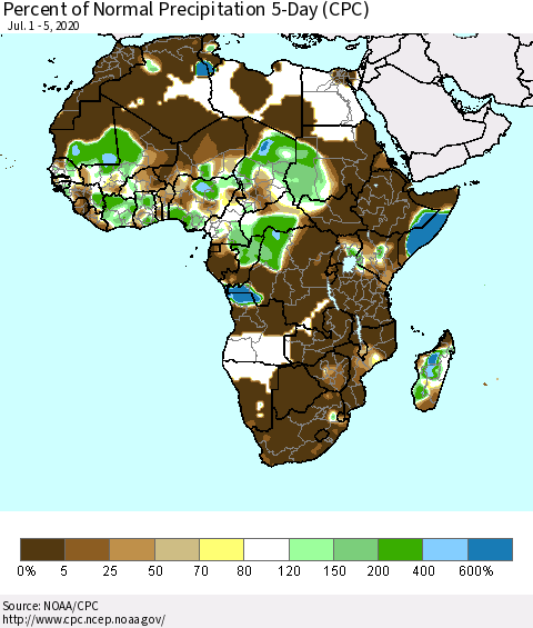Africa Percent of Normal Precipitation 5-Day (CPC) Thematic Map For 7/1/2020 - 7/5/2020