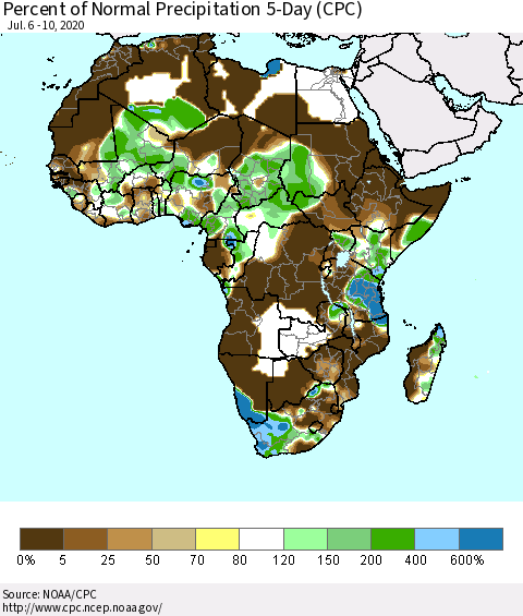 Africa Percent of Normal Precipitation 5-Day (CPC) Thematic Map For 7/6/2020 - 7/10/2020