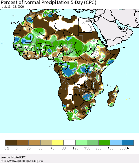Africa Percent of Normal Precipitation 5-Day (CPC) Thematic Map For 7/11/2020 - 7/15/2020